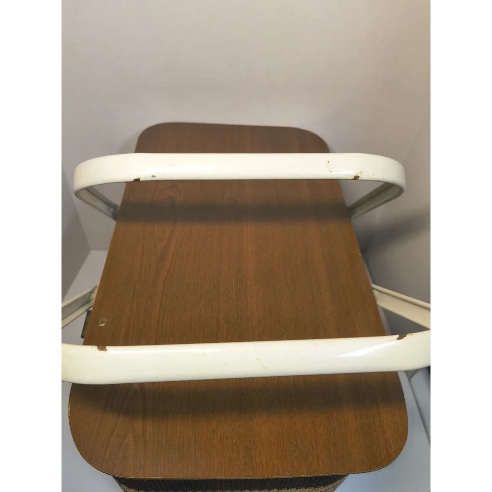 Vintage Redmon Picnic Basket Brown Stripe Dual Metal Handles Hinged Lid